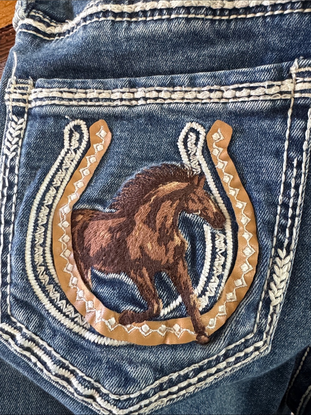 Rock & Roll Denim Horse Embroidered Pocket Flare Jeans - Picture 3 of 9